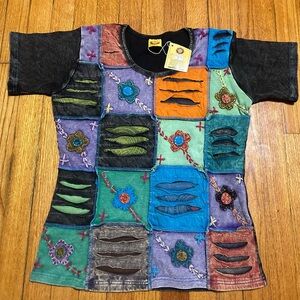 Karma Circle Cotton Stitched  Boho Art Top M Shirt